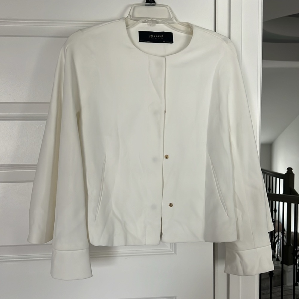 Zara White Lined Bell Sleeve Cropped Crop Blazer Jacket